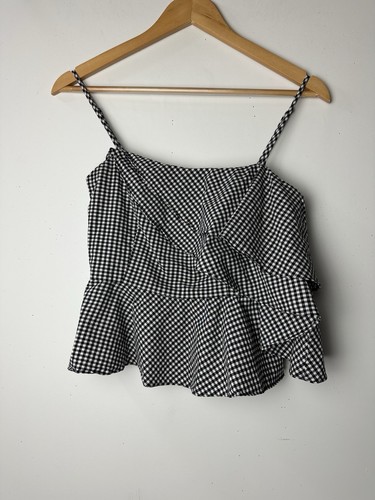 Intermix Thebes Ruffle Gingham Tank Top Asymmetric Black White Classic Preppy P