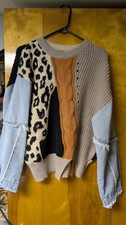 BiBi Sweater Womens Small Leopard Colorblock Denim Sleeve Knit Pullover Balloon