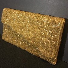 Vtg 1950s Gold Swirl Beaded Clutch Envelope Purse Inner Pocket Hong Kong Snapped