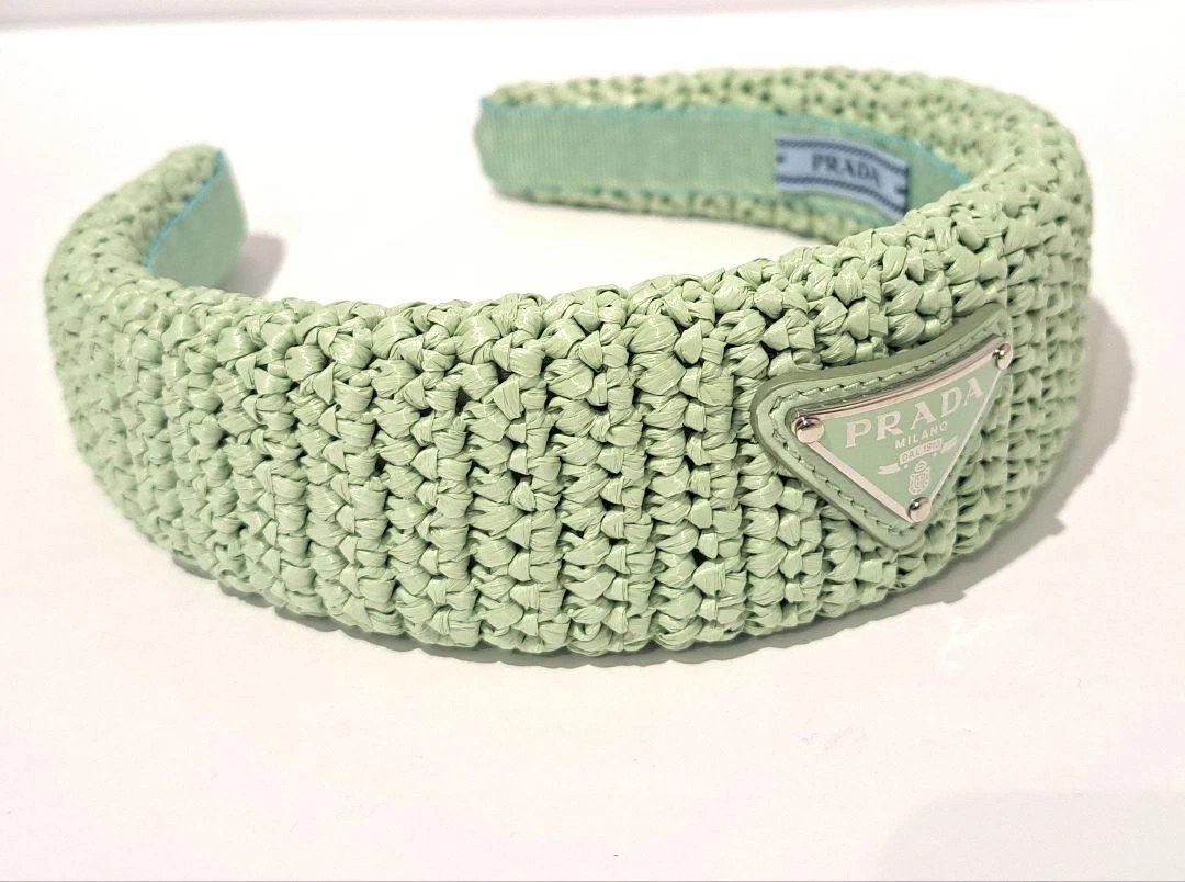 Prada Crochet Raffia Effect Light Green Headband Triangular Logo