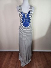 THML Sleeveless Dress Embroidered Blue White Striped Long Maxi Size Medium