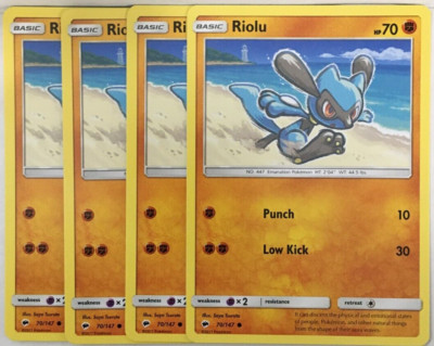 POKEMON 4X RIOLU 70/147 BURNING SHADOWS COMMON NEAR MINT-PLAYSET