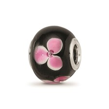 Reflection Beads Sterling Silver Hand Blown Pink Floral Black Glass Bead