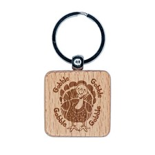 Cute Thanksgiving Turkey Gobble Engraved Wood Square Keychain Tag Charm