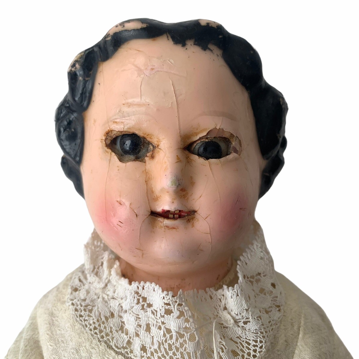 Antique Wax Doll ca. 1860 Rare Open Mouth Baring Teeth Over Slit