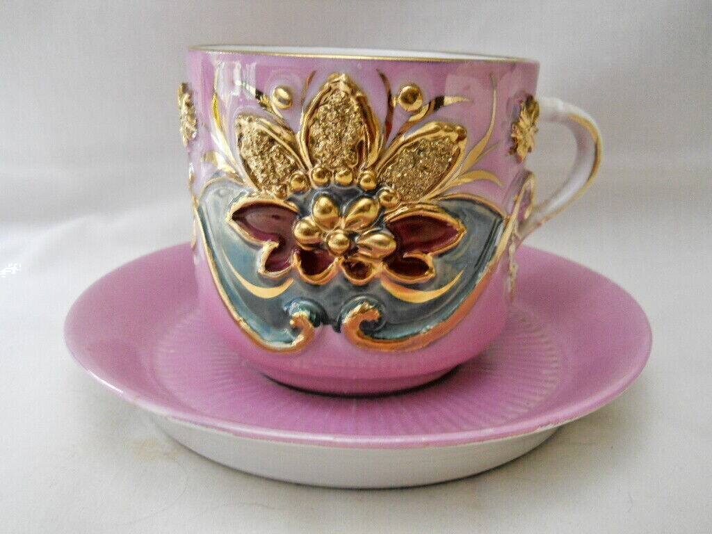Antique 19th Century German Teacup Saucer Lusterware Pink Gold