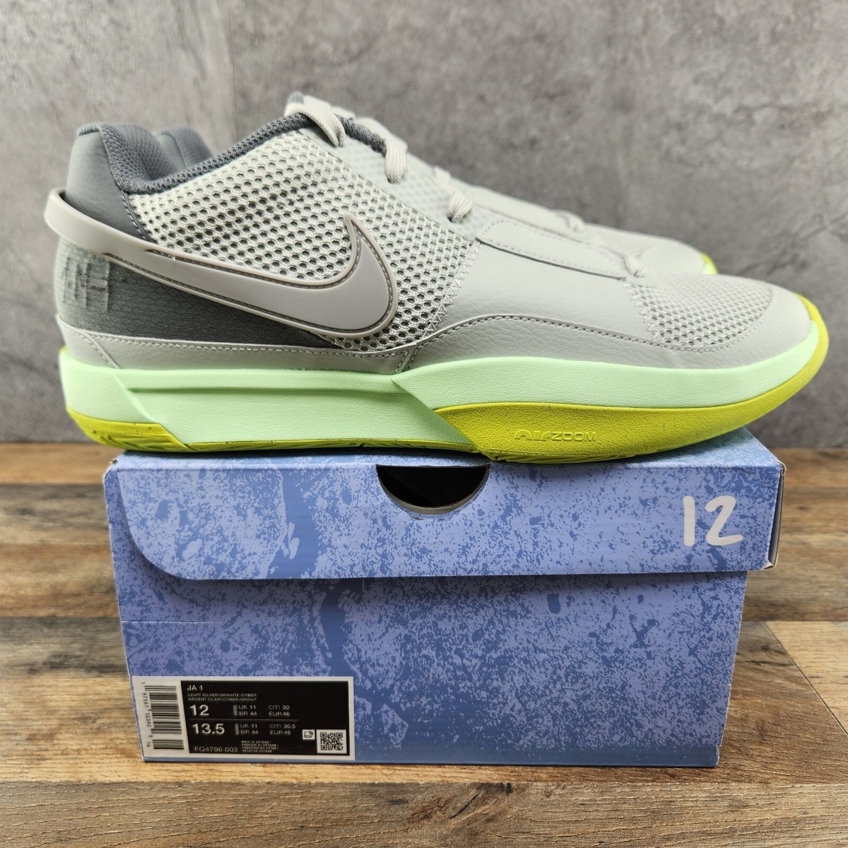 Nike Ja 1 Size 12 Mens Light Silver Granite Cyber Basketball Shoes