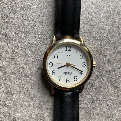 Timex Easy Reader Womens Watch Gold Tone Case White Dial Black Leather Band A5