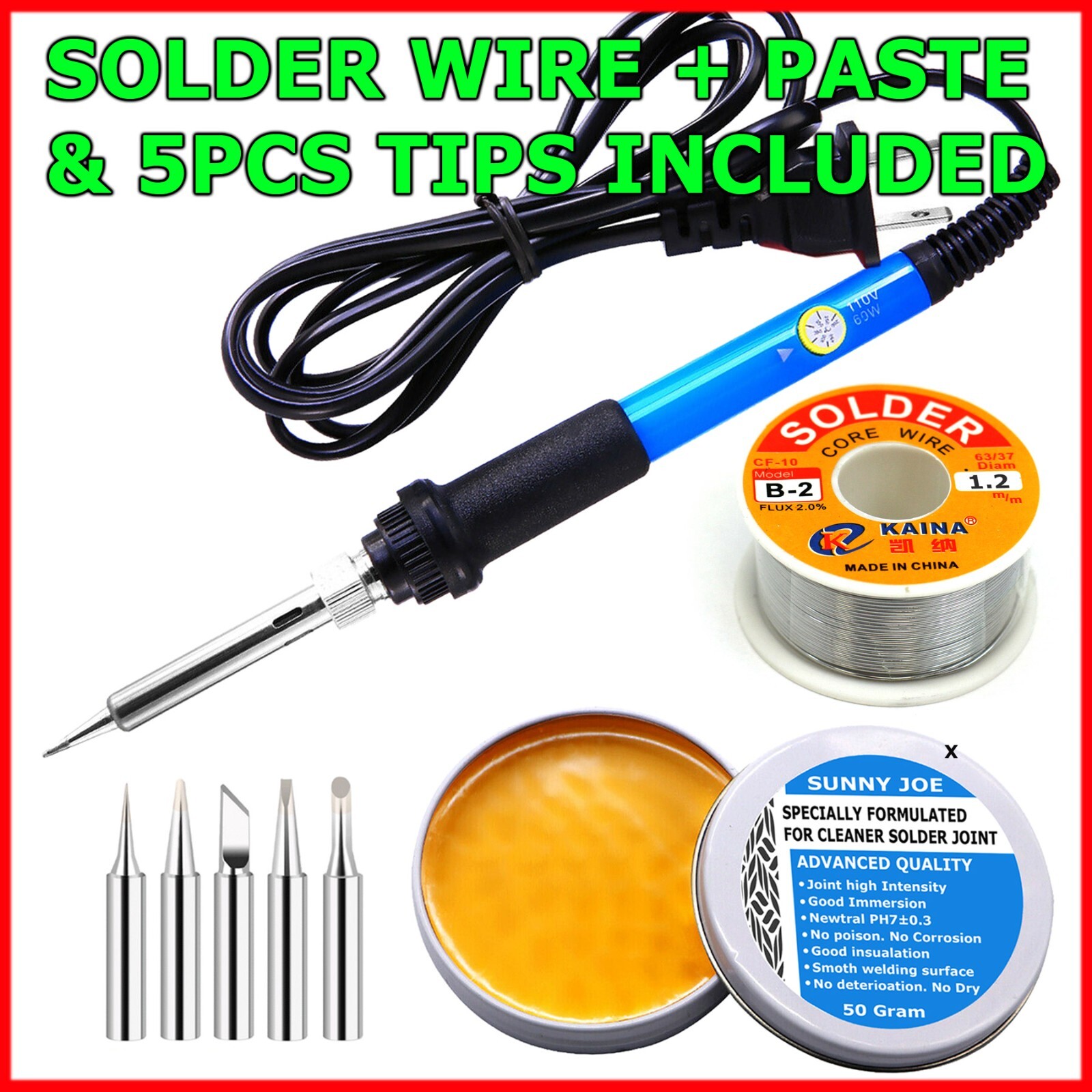 Ameribox 60W Soldering Iron Gun Kit – Adjustable Temp, 5 Tips & Wire Included