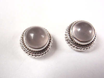 Rosenquarz 925 Sterling Silber Ohrstecker rund mit Seil Stil Akzente