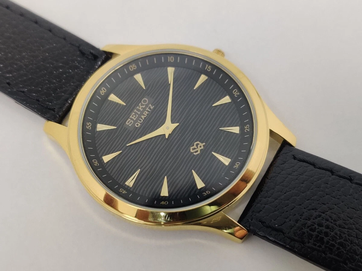 Seiko Quartz Men s Wrist Watch Gold Plated Black Dial Working Condition