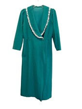 Vintage Velour Teal Robe Housecoat Lace Trim Full Length Puff Sleeve Women  s M