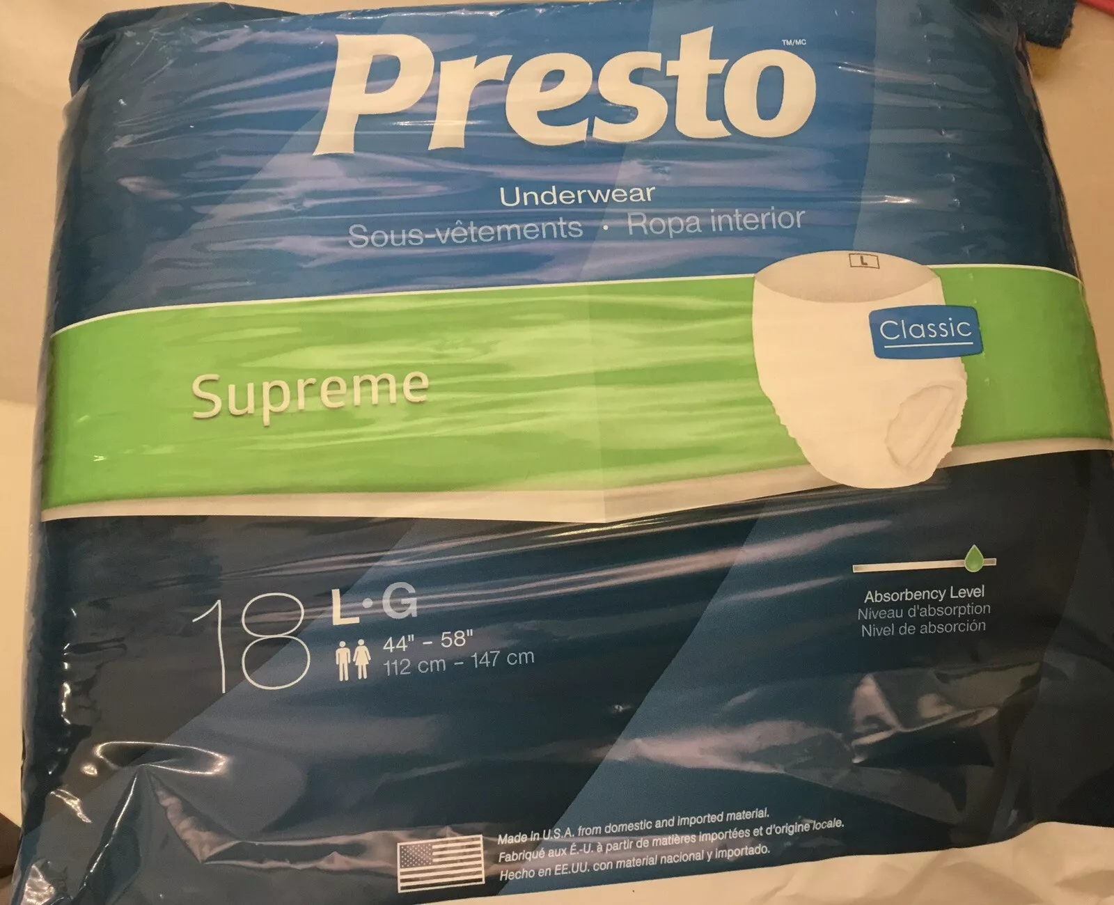 SOUS VÊTEMENTS PRESTO SUPREME CLASSIQUES LG MAX ABSORBENCY 18 NUMÉROS UNISEXES