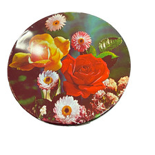 Vintage Floral 9 in Round Tin Yellow Base with Yellow and Red Roses on Front