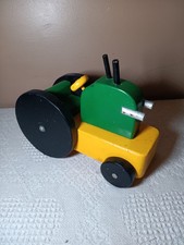 Handmade Painted Wooden Toy Tractor Green Yellow