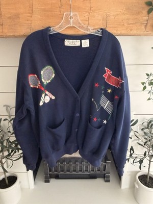 Vintage Christopher & Banks 90s Embroidered Tennis Button Down Cardigan Sz S
