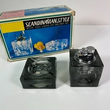 Vtg Scandinavian Style Mid Century Heavy Ice Cube Glass Table Lighter & Ashtray