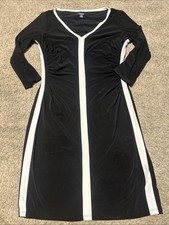 Chaps Womens Medium Rushed Sides 3/4 Sleeve Sheath Black White Trim Dress