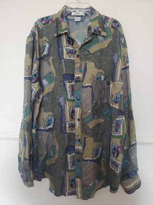 Bloom Mens Silk Shirt Button Up Long Sleeves SIze M With Pocket Artsy Design