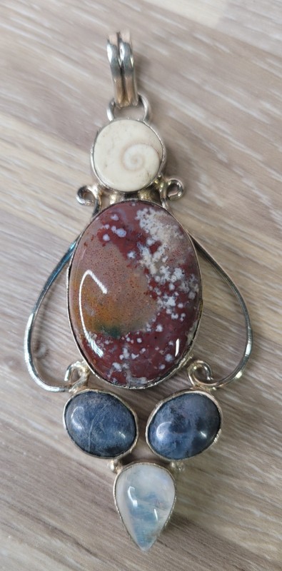 925 Sterling Silver Pendant Fossil Ammonite Ocean Jasper Sodalite Moonstone