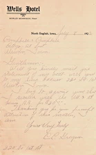 1922 Wells Hotel Stationary North English Iowa