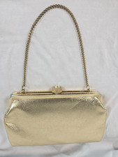 VTG Gold Metallic Evening Bag AB Rhinestone Clasp Chain Handle Formal Purse