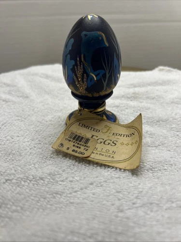 Fenton limited edition hand painted Numbered dolphins cobalt blue egg Vintage
