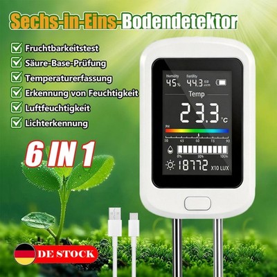 Bodentester 6-in-1 Messgerät -pH, Feuchtigkeit, Temperatur für Garten & Pflanzen