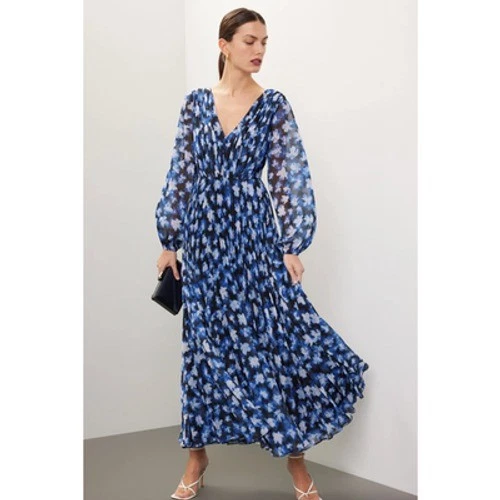 Vestido Monique Lhuillier Mujer 14 Azul Negro Melanie Cuello en V Gasa Sin Mangas Foto 2 de 4