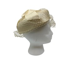 Vintage Ivory Fabric Hat Veil Bow Detail Womens Mid Century Cocktail