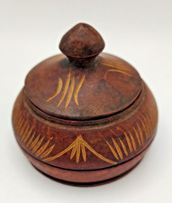 Vintage Hand Carved Etched Lidded Wooden Trinket Box Keepsakes 3" Round Rustic