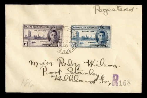 DR WHO 1948 FALKLAND ISLANDS FDC? PEACE ISSUE COMBO REGISTERED M80992