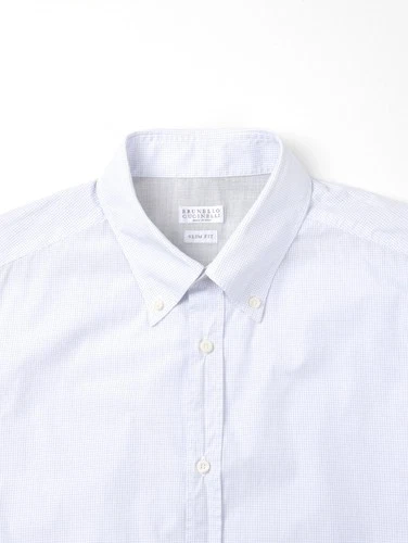 Brunello Cucinelli Mens 2XL Slim Fit Long Sleeved White / Blue Check Shirt Italy