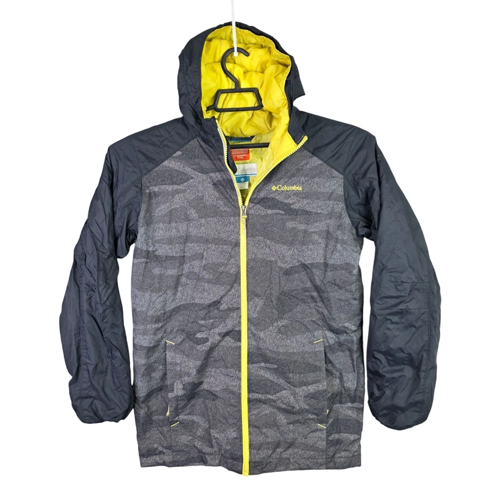 Mens Columbia Thermal Coil Hooded Jacket Black Gray Camo Waterproof Nylon XL