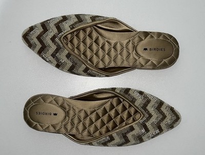 Birdies The Swan Beaded Slip On Mule Flats In Champagne Chevron Womens Sz 7