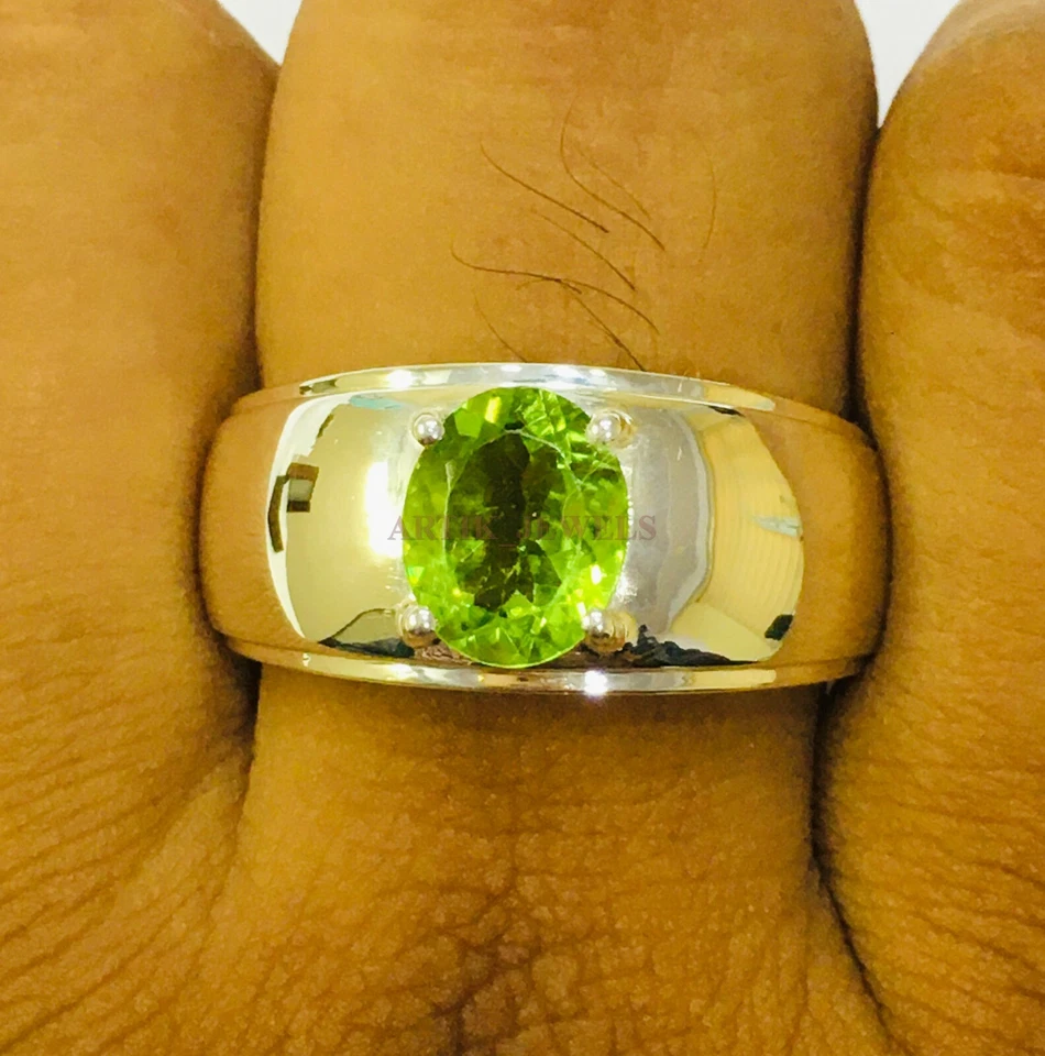 Piedras preciosas de peridoto natural con anillo de plata de ley 925 para hombre #1395 Foto 4 de 4