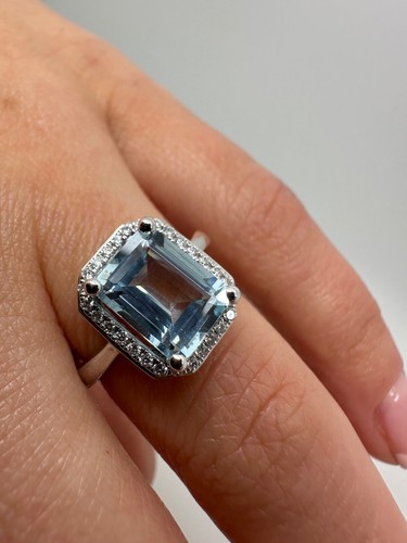 PLATINUM EMERALD CUT AQUAMARINE AND DIAMONDS COCKTAIL HALO RING 2.36CT ID70 - Picture 14 of 24