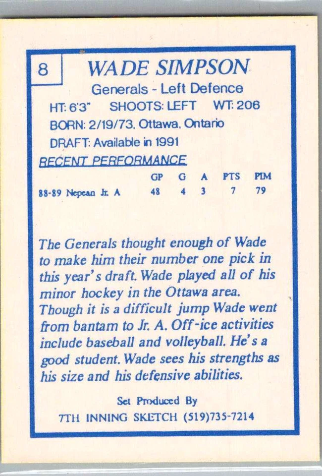 Wade Simpson #8 1989-90 7th Inning Sketch OHL Oshawa Generals - Image 2 of 2