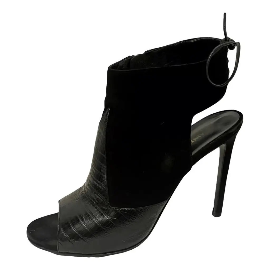 Saint Laurent Jane sandali neri in pelle e camoscio con lacci EU 37 5 UK 4 5