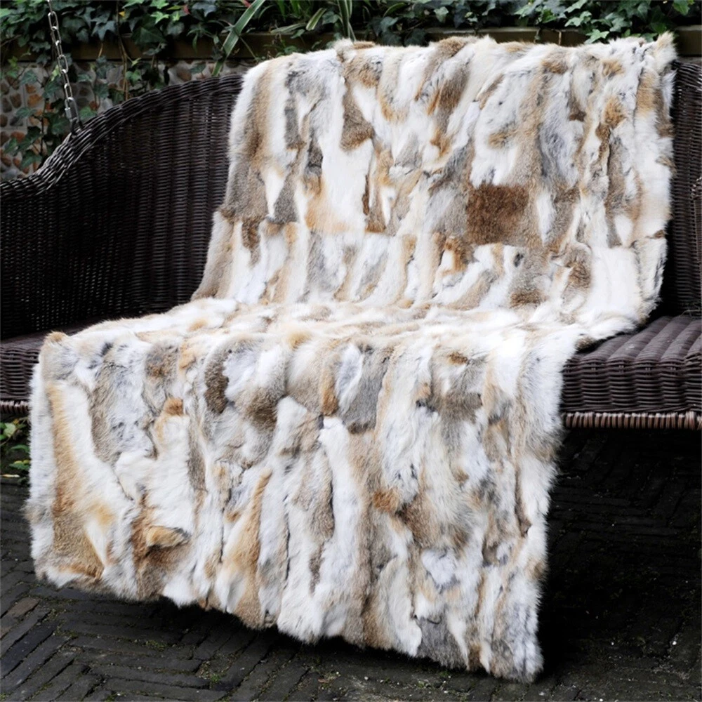 Luxury Real Fur Throw Rabbit Fur Blanket Soft Warm Bedspread Queen Size  80x60in