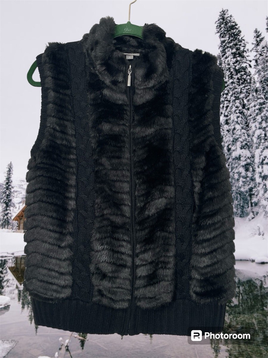 Roz Ali Faux Fur Sweater Vest Zip Cable Knit Pockets Lined Black Medium