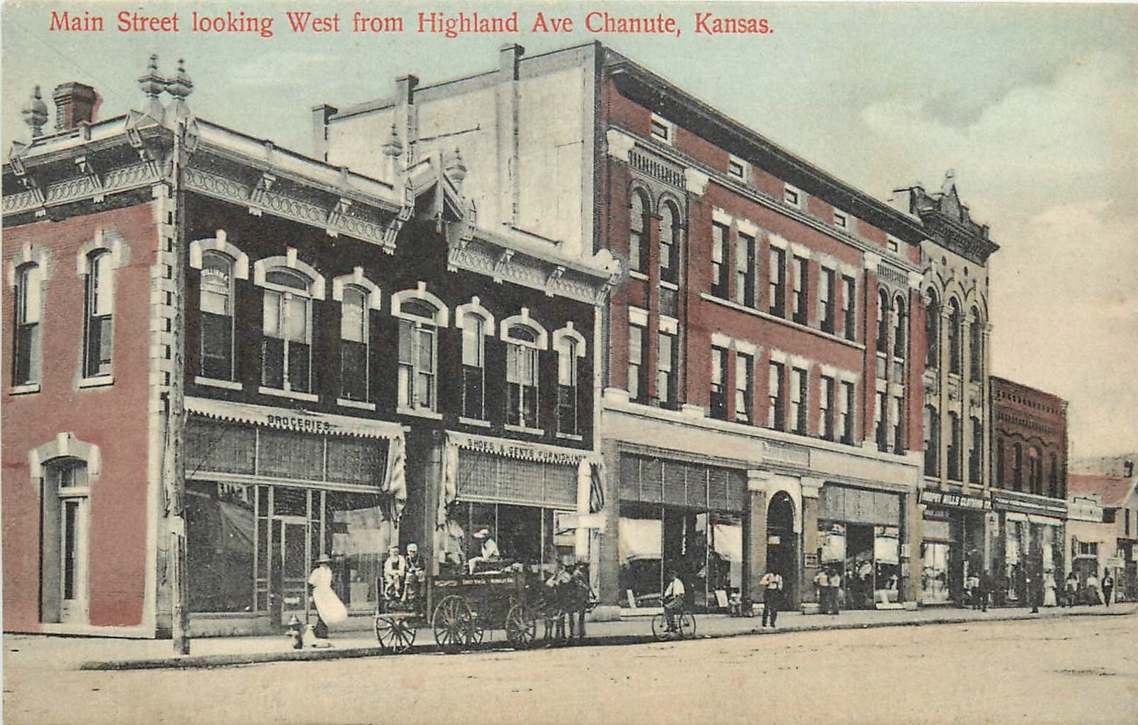 C-1910 Chanute Kansas Main Highland Avenue people Chapman Postcard 24-12316