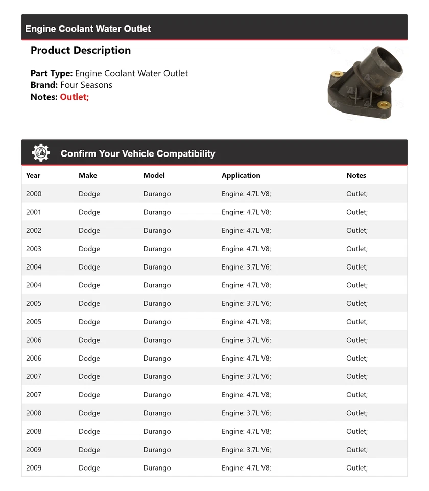 Salida de agua refrigerante motor Dodge Durango 2000-2009 4 estaciones 2001 2002 2003 Foto 2 de 4