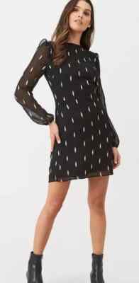 Oasis Black And Gold Embroidered Leaf Ruffle Dress Size Longer