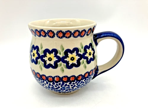 Handmade Polish Blue Pottery Boleslawiec Ceramic Mug Flowers 4 1/4" Tall