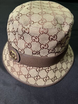 GUCCI LEATHER CANVAS SUN GG CAP 58cm MEDIUM M BUCKET FEDORA HAT