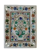 Vintage Handmade Indian Agra Marble Inlaid Stone Marquetry Lapis Turquoise Tray