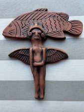 vintage handmade terracotta red clay pottery angel fish wall art artist signed