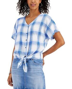 Prenda para mujer Style & Co, talla M, blanca azul a cuadros, estampada con botones y corbata frontal - Imagen 1 de 1