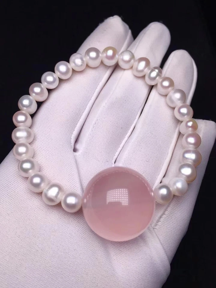 Pulsera de cuentas redondas de perlas de Madagascar de cristal de cuarzo rosa natural genuino AAAA Foto 2 de 4
